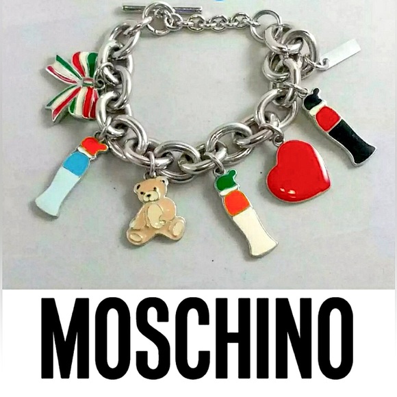 Moschino Jewelry - MOSCHINO Italy Italian Bear Heart Bottle Bow Charm Bracelet 8.5”
